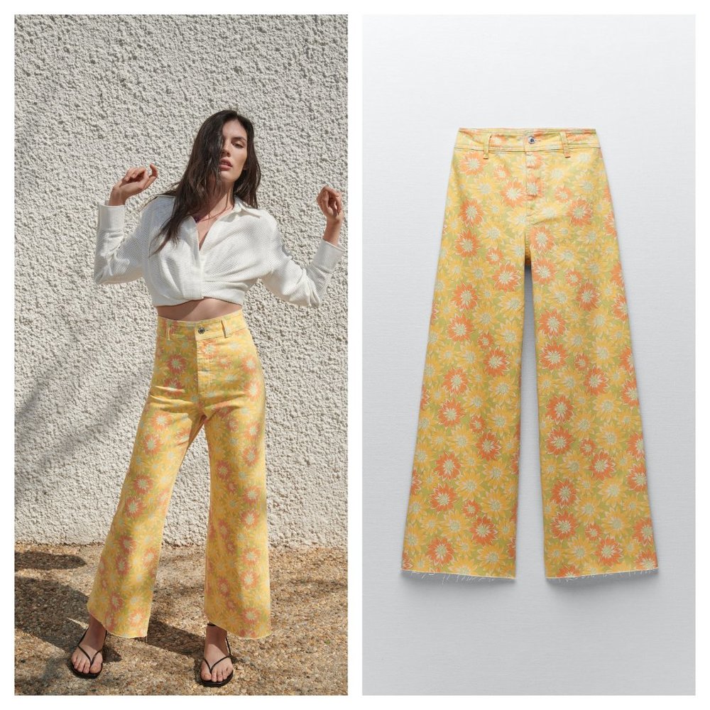 Zara Yellow Floral Wide Leg Jeans